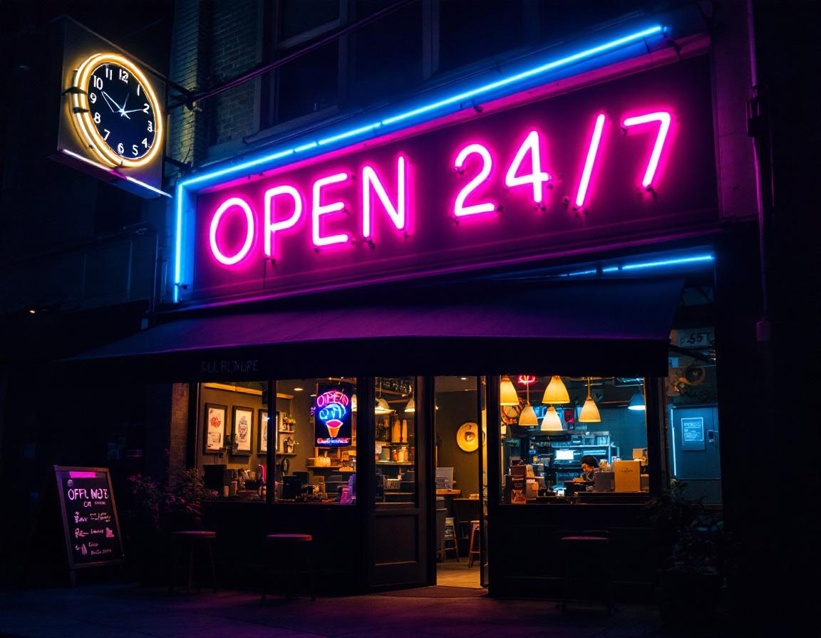 A coffee shop sign with text "OPEN 24/7" in neon style