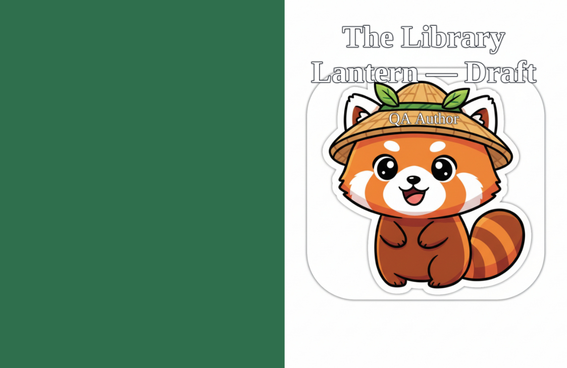 Real rendered draft with the typed title The Library Lantern—Draft and author QA Author over existing demo art