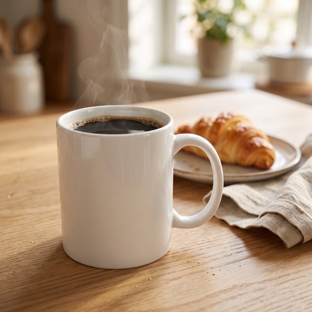White mug of black coffee on an oak kitchen table with a croissant behind it