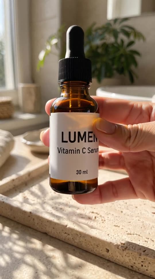 A hand holds the serum bottle with its label readable