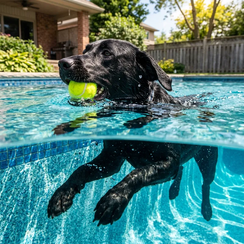 Un labrador noir nage avec une balle de tennis, l’image coupée par la ligne d’eau