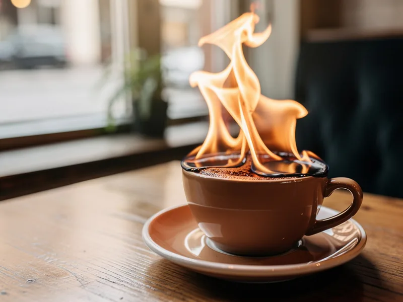 Une tasse de café d’où s’élèvent des flammes