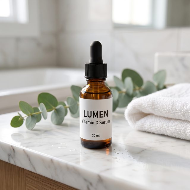 Flacon de sérum sur une vasque de salle de bain en marbre