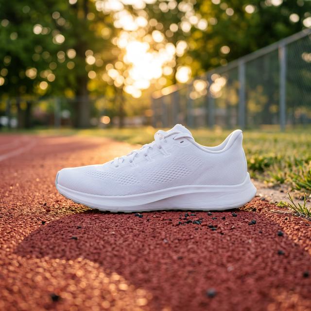 Chaussure de running sur une piste à l'heure dorée