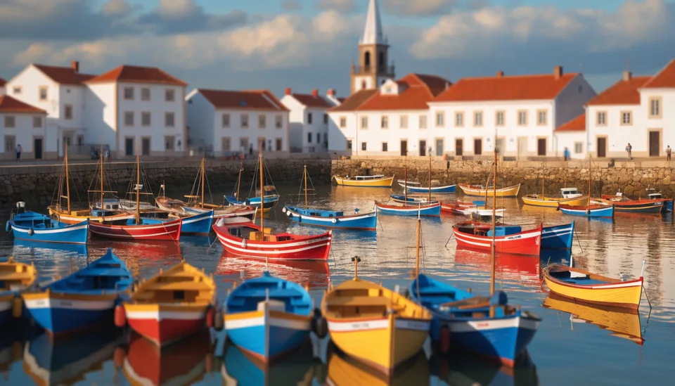 Un port de pêche portugais aux bateaux colorés, en effet miniature tilt-shift